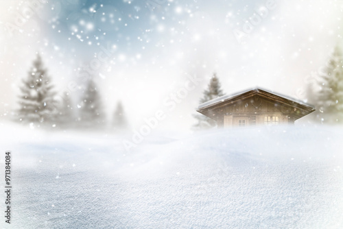 Winterliche Schneelandschaft mit Tannenbäumen und Schneeflocken