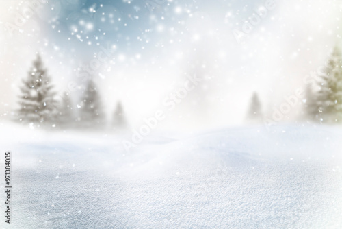 Winterliche Schneelandschaft mit Tannenbäumen und Schneeflocken