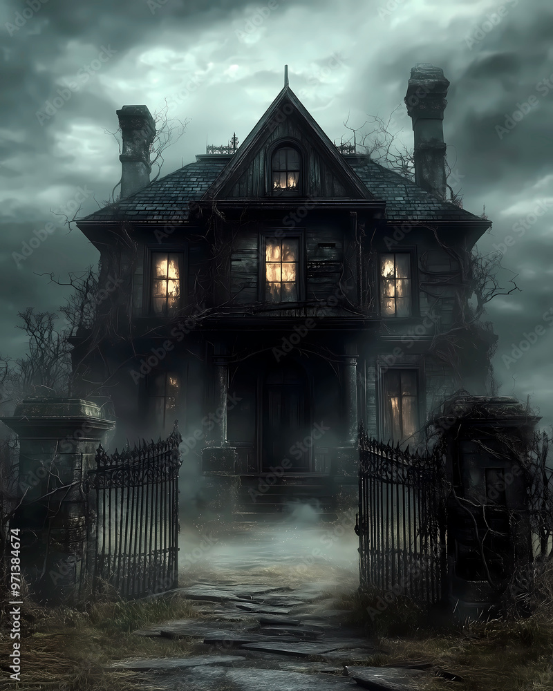 A spooky house with a foggy gate and a creepy atmosphere. A spooky house with a foggy gate and a creepy atmosphere.