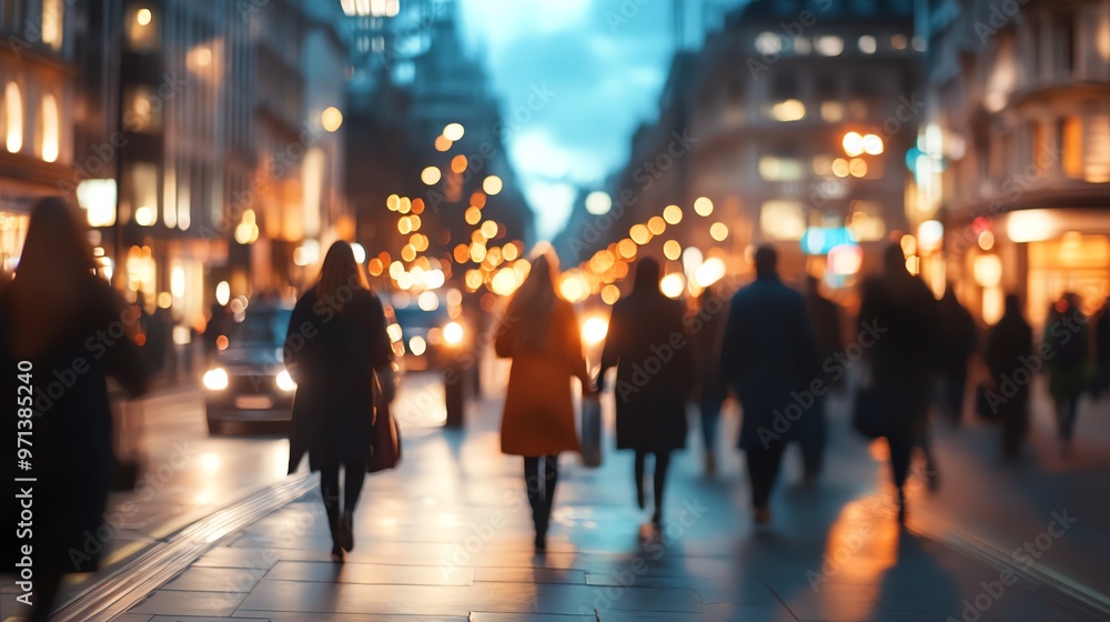 Blurred image of people walking on a busy city street at twilight, with streetlights and buildings illuminated in the background.