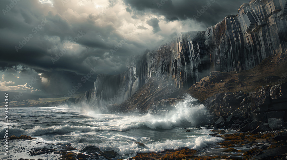 Obraz premium Stormy Cliffscape: A dramatic and powerful seascape, where towering cliffs and crashing waves meet under a stormy sky, a dramatic and powerful seascape. The image is a perfect representation of raw 