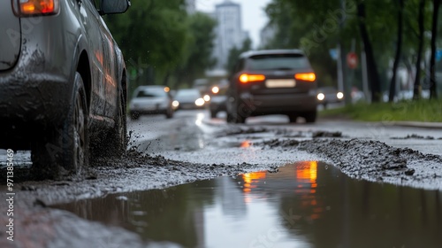 Cars driving on a pothole-filled road with puddles after rain, highlighting urban infrastructure issues and challenging driving conditions. photo