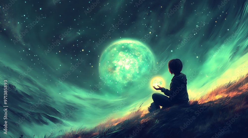 Enchanted Child Holding Glowing Crystal Orb on Hilltop under Magical Aurora Borealis Sky Enchanted Child Holding Glowing Crystal Orb on Hilltop under Magical Aurora Borealis Sky