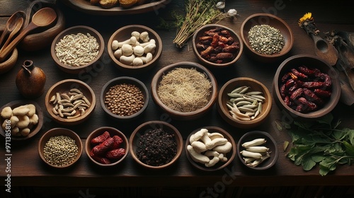 A table with many bowls of different spices and herbs