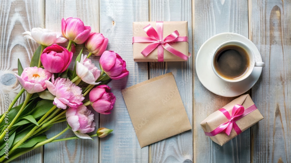Mother's Day flatlay with flowers, gift boxes, coffee cup and greeting card Mother's Day flatlay with flowers, gift boxes, coffee cup and greeting card