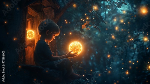 Enchanted Night - Young Child with Glowing Orb in Treehouse Surrounded by Fireflies.