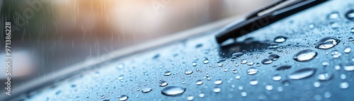 Close-up of a car windshield with rain droplets and a wiper blade, showcasing rainy weather and automotive detail. photo