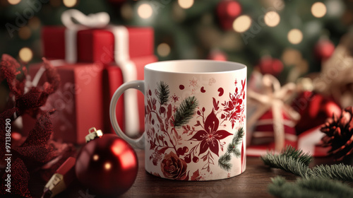 Wallpaper Mural Festive custom printed mug with floral design, surrounded by holiday decorations and gifts, creating warm and cheerful atmosphere Torontodigital.ca