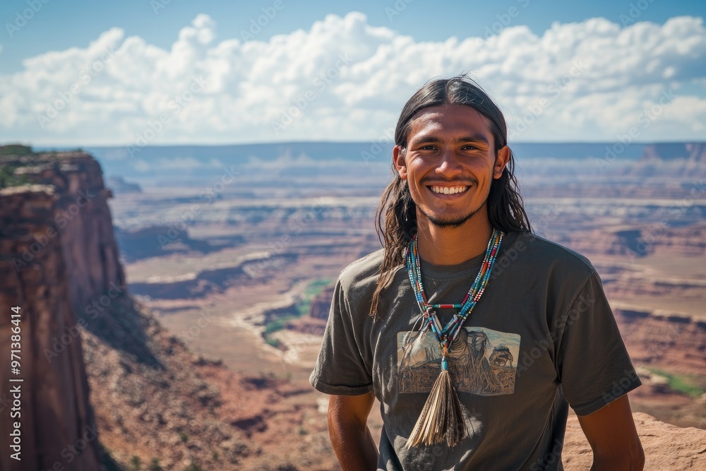 smiling happy young man standing on cliff with canyon behind him. Native American heritage day smiling happy young man standing on cliff with canyon behind him. Native American heritage day