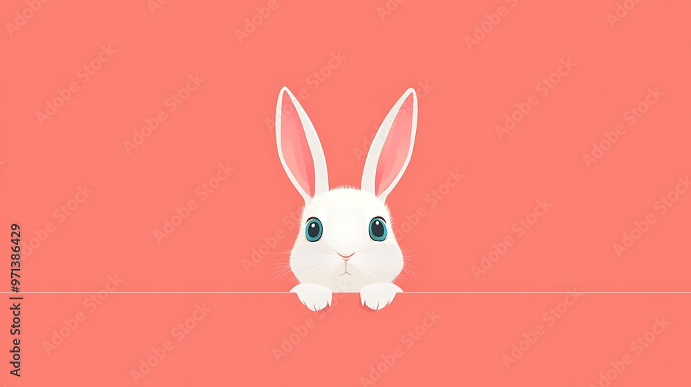 Obraz premium Charming White Bunny with Turquoise Eyes in Minimalistic Style on Coral Background | Vector Flat Illustration