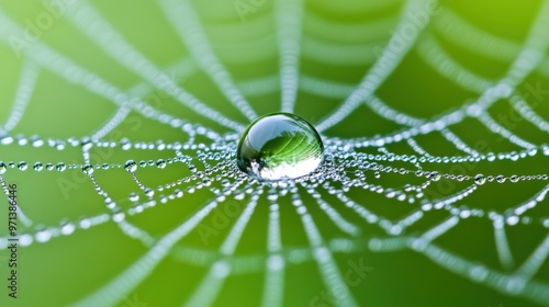A close up of a spider web with water droplets on it, AI