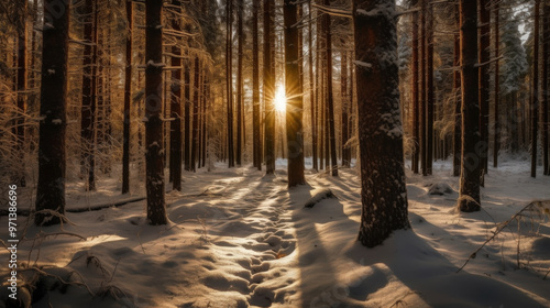  Snow-covered forest with sunlight streaming through the tall trees