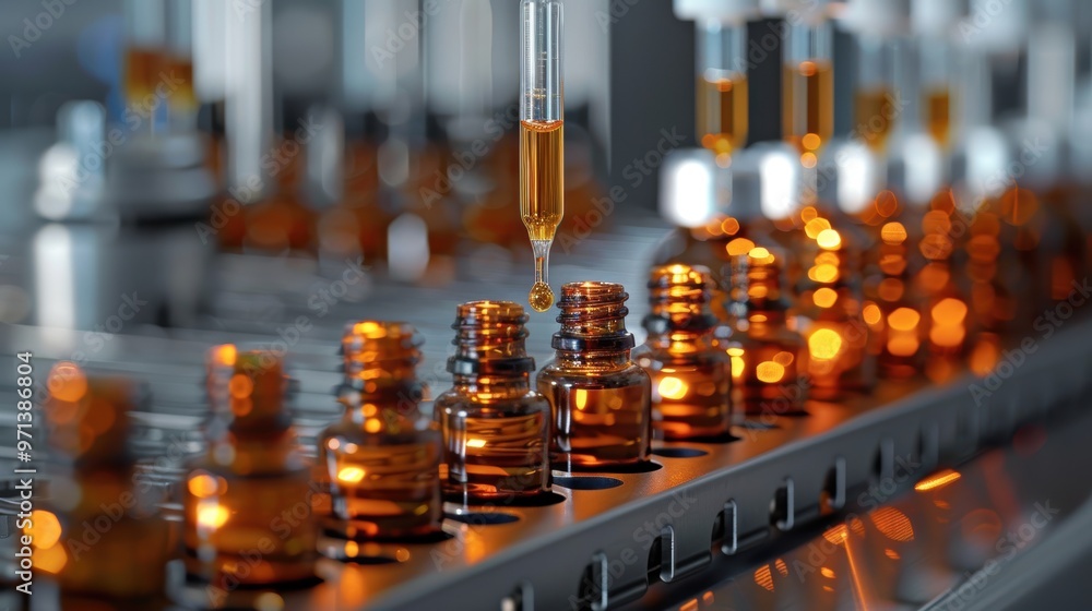 Precision Filling of Amber Glass Bottles with Pipette in a High-Tech Pharmaceutical Manufacturing Line at an Advanced Industrial Facility Precision Filling of Amber Glass Bottles with Pipette in a High-Tech Pharmaceutical Manufacturing Line at an Advanced Industrial Facility