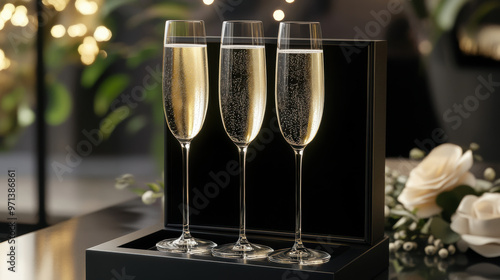 Elegant engraved champagne flutes in personalized gift box, perfect for celebrations and special occasions. sparkling bubbles and refined design create luxurious atmosphere