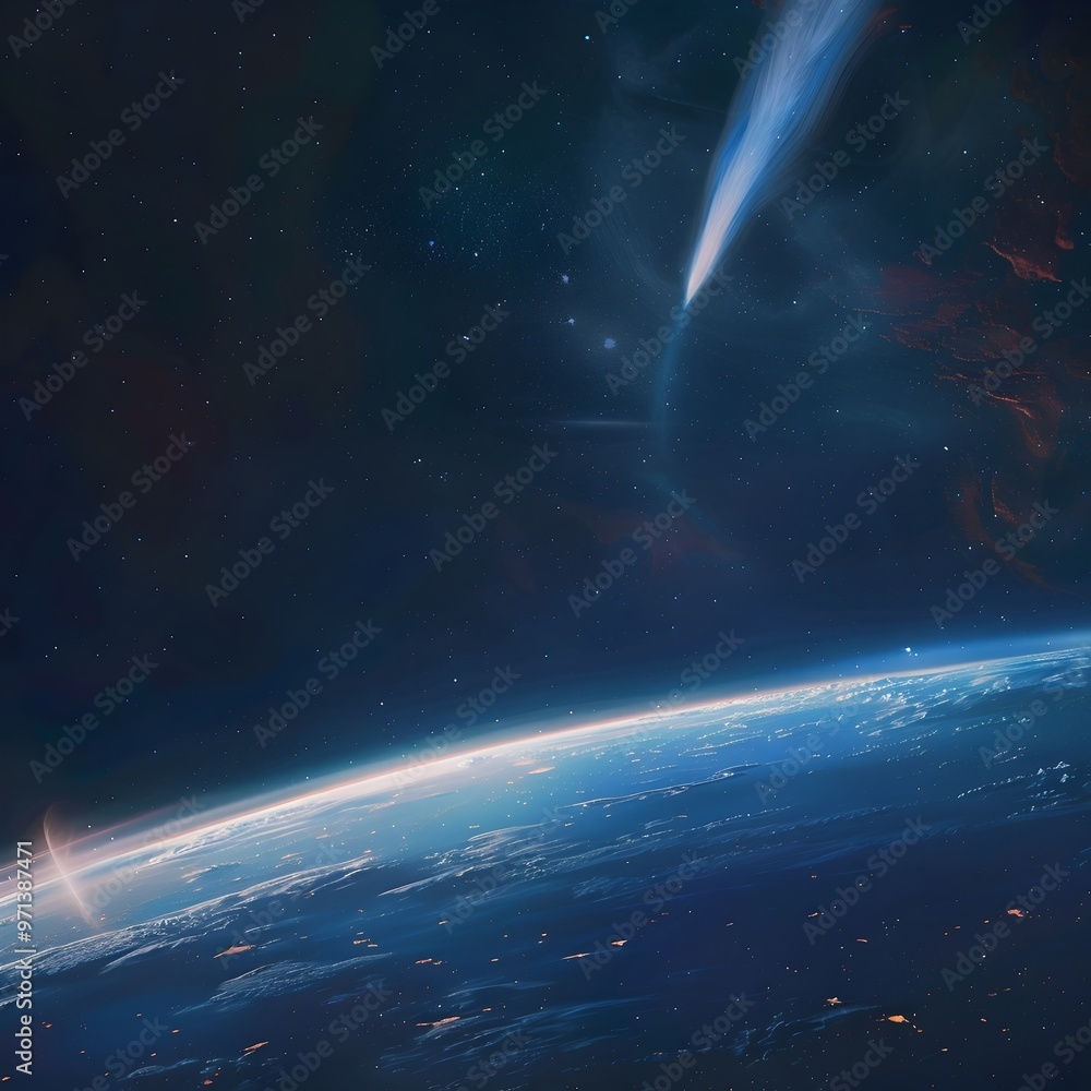 Obraz premium Comet Soaring Over Earth s Atmosphere in Cosmic Spectacle