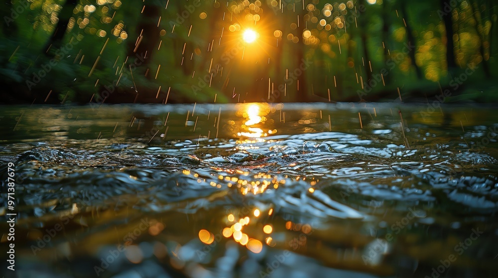 Fototapeta premium A serene forest creek illuminated by golden sunset light reflecting on water droplets as they fall, creating a tranquil and mesmerizing natural scene