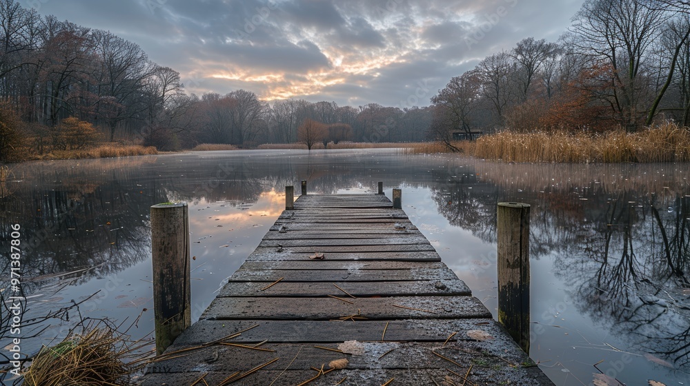 Naklejka premium A serene image of a wooden dock extending into a calm lake surrounded by a quiet forest with a beautiful cloudy sky reflecting in the water at sunrise