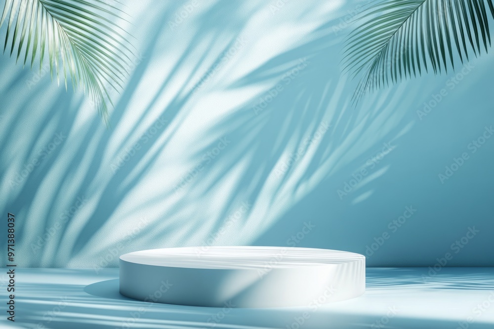 Minimal blue white background with tropical palm shadow for cosmetic product presentation. Minimal blue white background with tropical palm shadow for cosmetic product presentation.