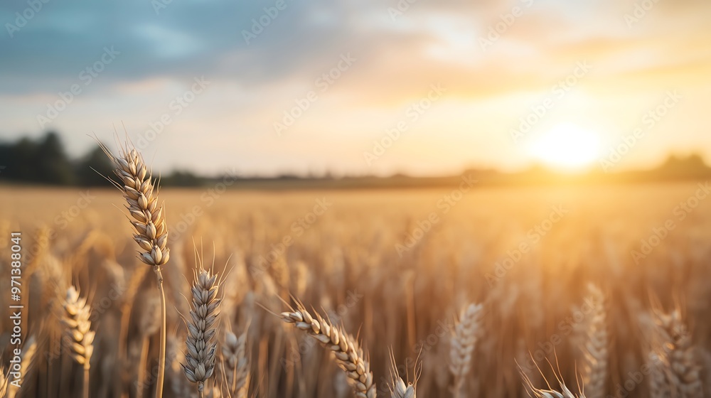Golden wheat field at sunset, capturing the serene beauty of nature with a picturesque sunset and endless rows of wheat stalks swaying gently. Golden wheat field at sunset, capturing the serene beauty of nature with a picturesque sunset and endless rows of wheat stalks swaying gently.