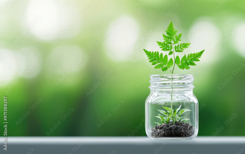 A vibrant green fern growing in a glass jar, symbolizing nature, growth, and sustainability in a serene environment. A vibrant green fern growing in a glass jar, symbolizing nature, growth, and sustainability in a serene environment.