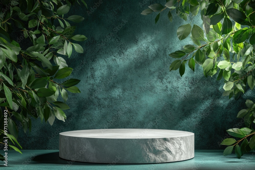Natural stone and concrete podium with green background for product presentation. Natural stone and concrete podium with green background for product presentation.