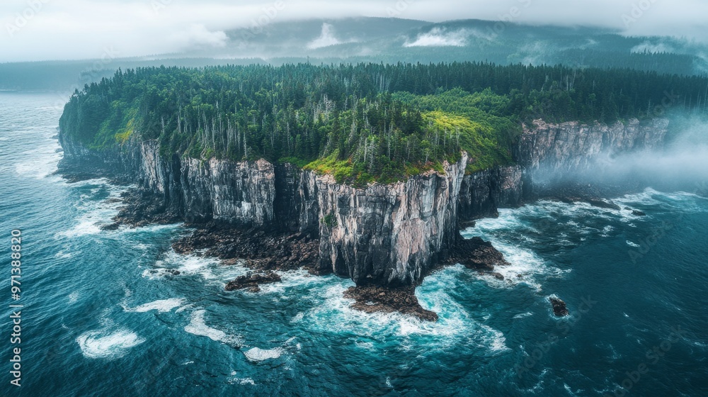 Majestic Remote Island: Rugged Cliffs and Dense Forests Overlooking Turbulent Ocean Waves