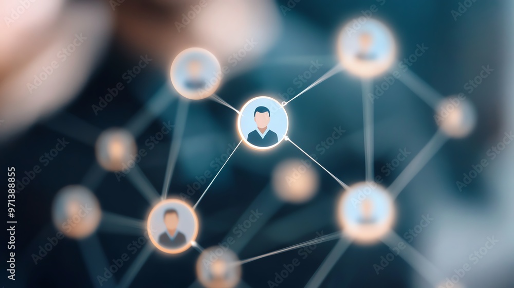 Network of connected people icons in blue. Concept of social networking. Blurred background giving a sense of virtual connection. Network of connected people icons in blue. Concept of social networking. Blurred background giving a sense of virtual connection.