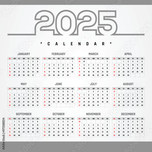 calendar 2025 Creative horizontal calendar 2025 in English Days weeks and months Print vector