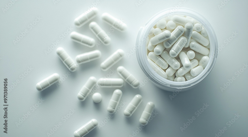 White Pills Scattered with Open Dietary Supplement Jar – Top-Down Calm, High-Detail Photography White Pills Scattered with Open Dietary Supplement Jar – Top-Down Calm, High-Detail Photography