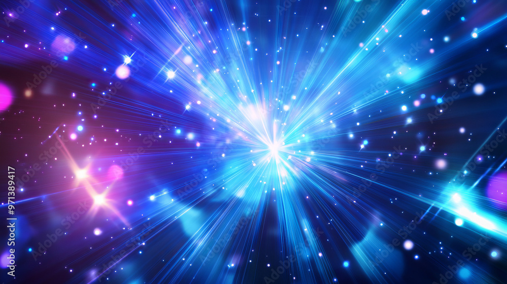 Fototapeta premium Abstract blue color digital particles wave with bokeh and light background 