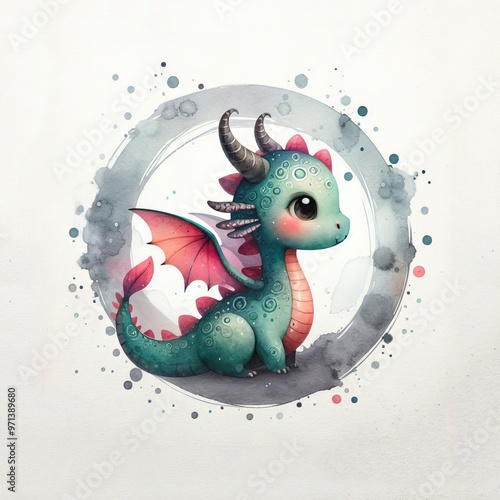 Enchanting Watercolor Illustration of a Whimsical Dragon with Vibrant Colors and Large Eyes photo