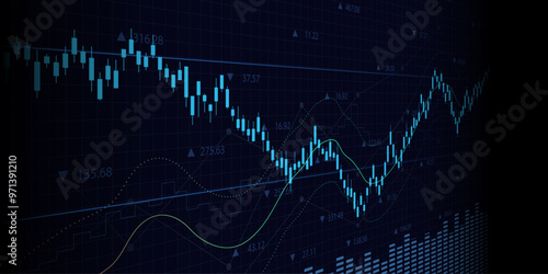 Widescreen financial graph with uptrend line and bar chart of stock market on blue color background
