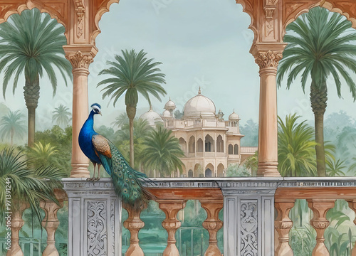 Mughal peacock, garden, arch, temple, bird vector illustration Traditional art prints wallpaper, wall mural for living room photo