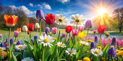 Vibrant flower field basking in sunlight, showcasing colorful blossoms surrounded by natural beauty and clear skies.