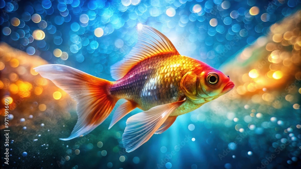 Fototapeta premium Vivid underwater scene featuring an elegant goldfish swimming gracefully, with glittering scales and lively colors