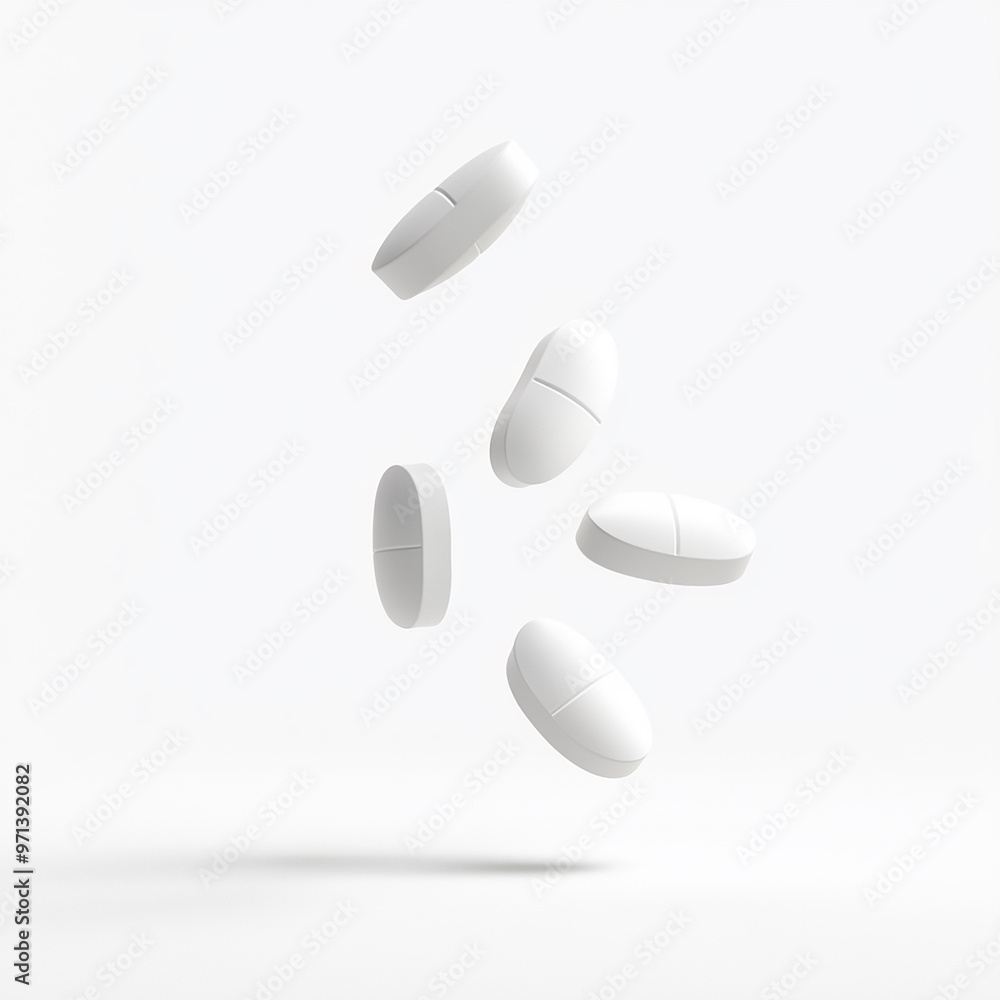 white pills falling, powder particles flying around them, white background white pills falling, powder particles flying around them, white background