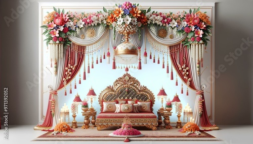 Luxurious living room wedding setup featuring an ornate sofa, bed draped floral arrangements, gold-accented chandeliers, and decorative elements, elegant interior celebrations special events