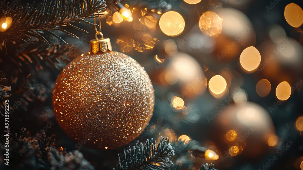 Glittering gold Christmas ornaments hanging on a festive holiday tree Glittering gold Christmas ornaments hanging on a festive holiday tree