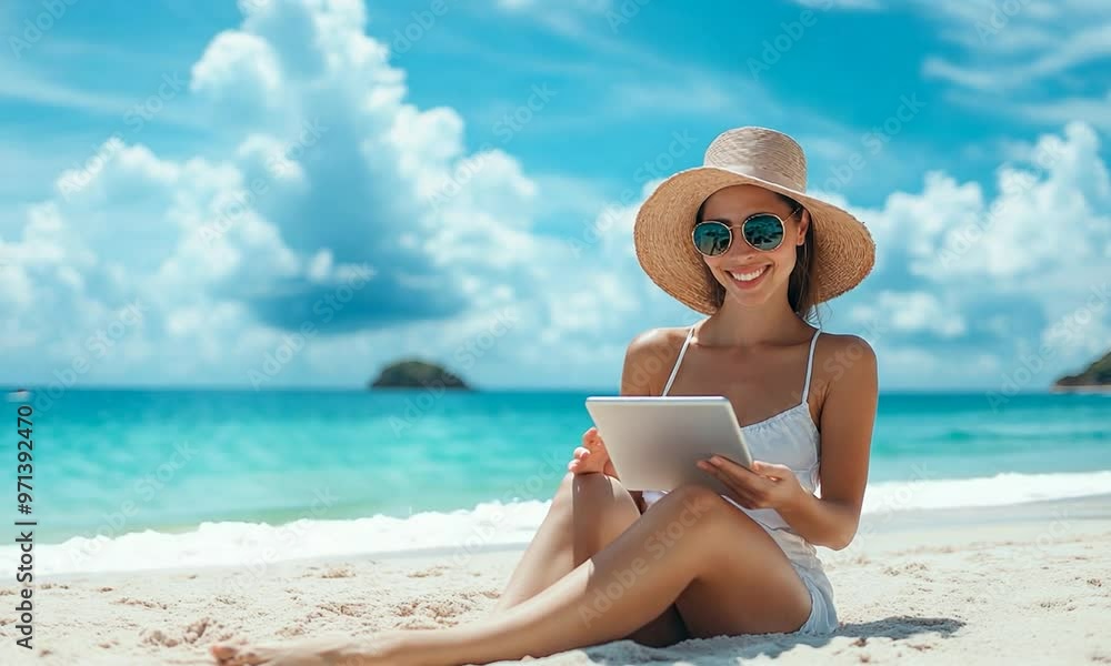 A woman is sitting on the beach with a tablet in her lap A woman is sitting on the beach with a tablet in her lap