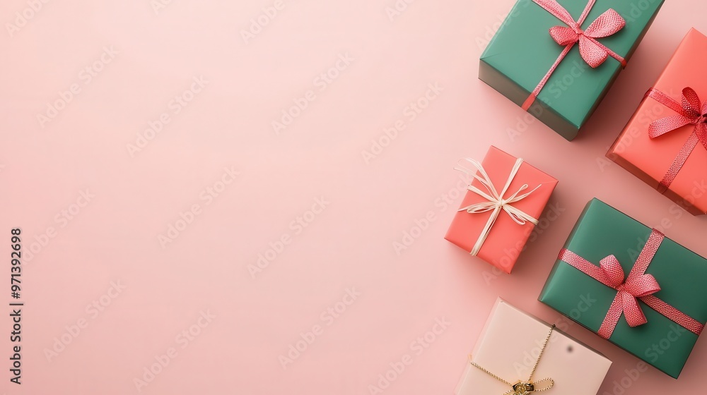 Flatlay of jewelry boxes in various sizes with delicate wrapping paper, pastel pink background, luxury packaging concept, top view Flatlay of jewelry boxes in various sizes with delicate wrapping paper, pastel pink background, luxury packaging concept, top view