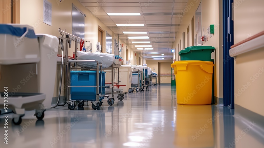Clean and well-lit hospital corridor with medical equipment and waste bins during daytime Clean and well-lit hospital corridor with medical equipment and waste bins during daytime