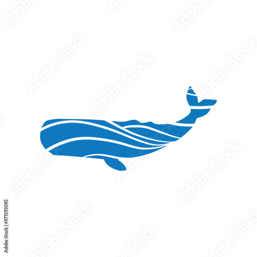 Whale vector logo with blue waves