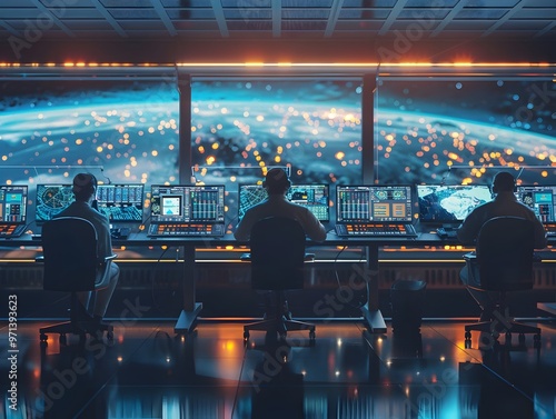 Fototapeta Naklejka Na Ścianę i Meble -  Space Agency Mission Control Room with Scientists and Engineers Monitoring Space