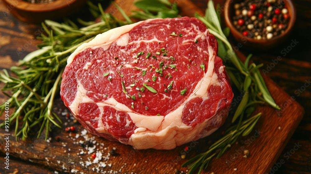 Raw ribeye steak with rosemary on a wooden board. Raw ribeye steak with rosemary on a wooden board.