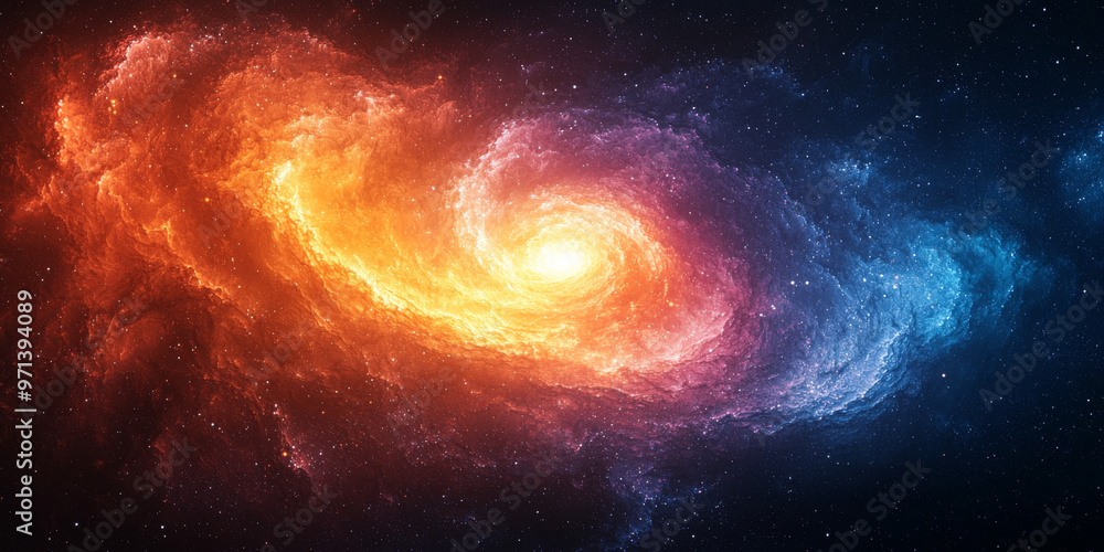 A swirling galaxy in space with bright orange, pink, and blue colors. A swirling galaxy in space with bright orange, pink, and blue colors.