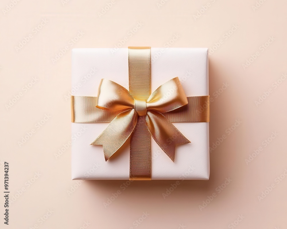 Single jewelry box with gold accents and bow, elegant gift wrapping, set on a soft beige background, minimalist, top view Single jewelry box with gold accents and bow, elegant gift wrapping, set on a soft beige background, minimalist, top view