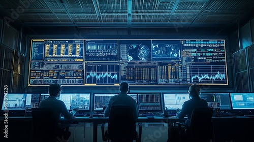 Control room of a nuclear facility with operators discussing performance data on large digital displays and safety systems in view