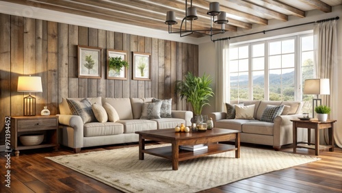 Light and airy farmhouse living room with dark wooden furniture accent wall