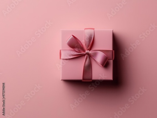 Single jewelry box with a glossy finish, tied with a silk ribbon, pastel pink background, elegant and minimalist, top view