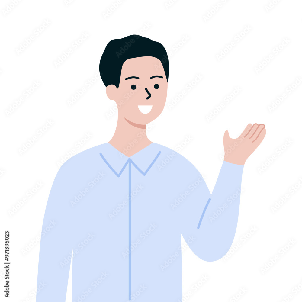 Smiling businessman introducing. Business Presentation, information guidance concept. Use for website, app. Flat vector character design illustration isolated on white background. Smiling businessman introducing. Business Presentation, information guidance concept. Use for website, app. Flat vector character design illustration isolated on white background.